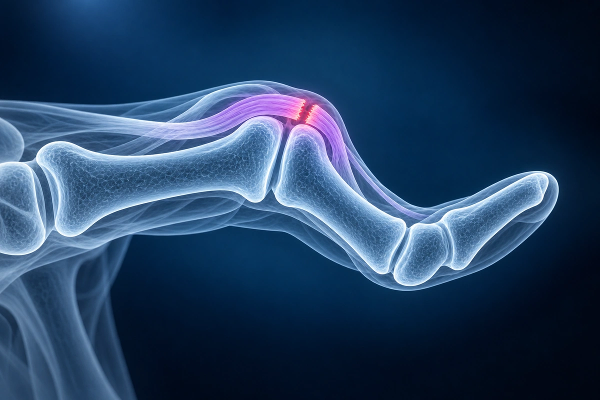 Ilustração de um dedo dobrado com o tendão extensor central destacado sobre a articulação do meio