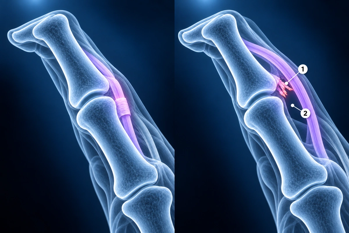 Dois dedos de vidro: uma polia A2 íntegra segurando o tendão flexor e uma polia rompida com o tendão em corda de arco, afastado do osso