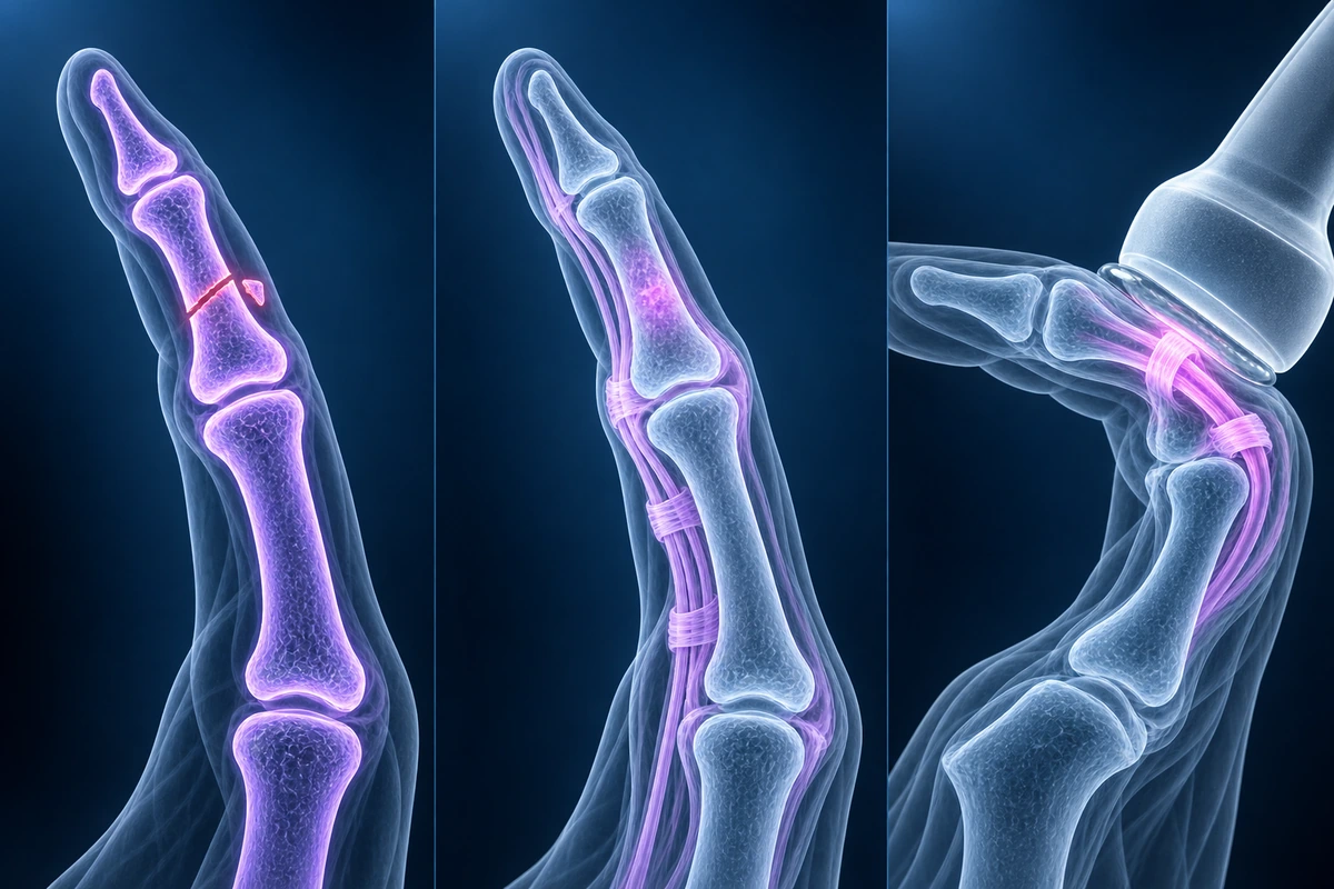 Dedo mostrado de três formas: radiografia destacando o osso, ressonância magnética destacando a medula e as partes moles, ultrassonografia sobre um tendão em movimento