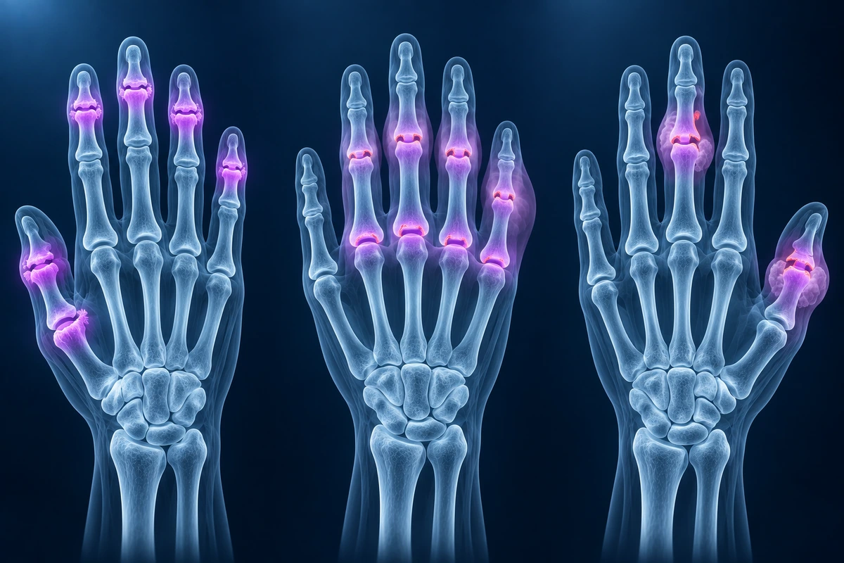 Três mãos de vidro comparando padrões de radiografia: osteoartrite nas IFD e na base do polegar, erosões reumatoides nas MCF, tofo de gota