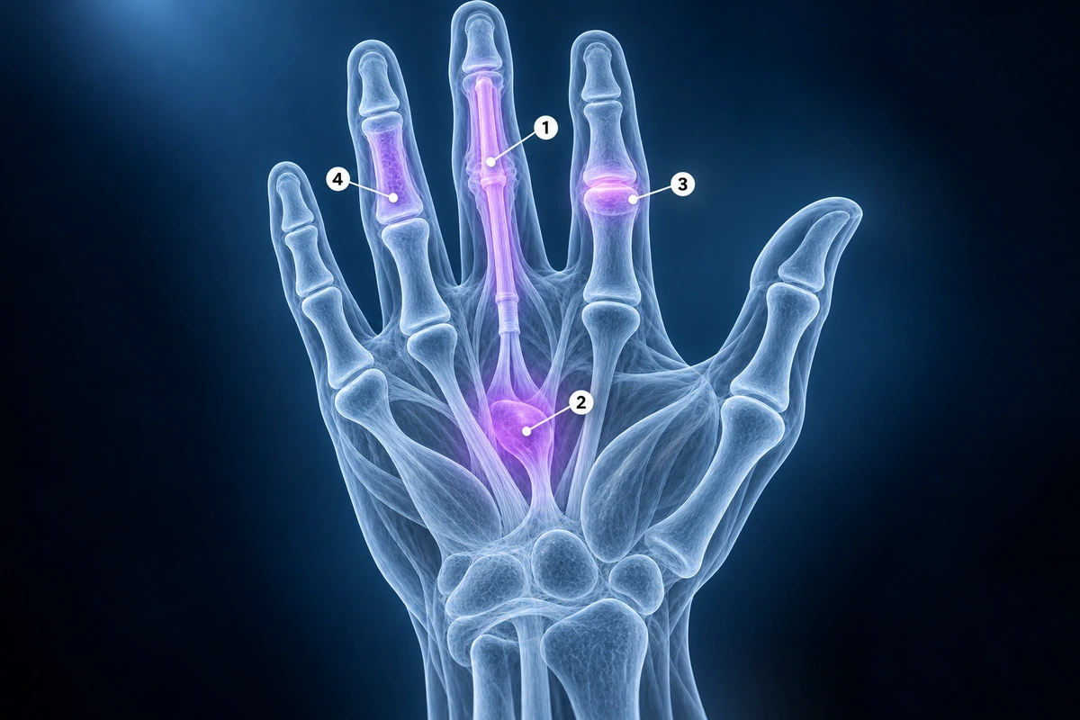 Mão de vidro com bainha de tendão numerada, espaço profundo da palma, articulação e osso do dedo, os locais profundos que a ressonância verifica em busca de infecção