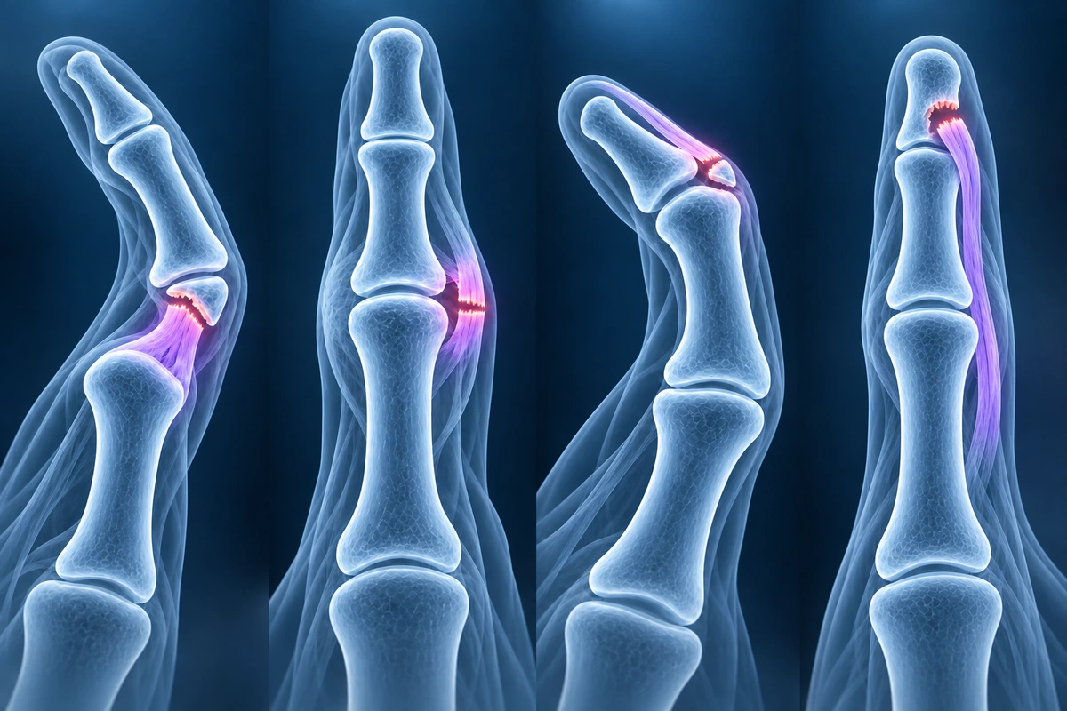 Quatro dedos de vidro mostrando mecanismos de dedo torcido: lesão da placa volar, do ligamento colateral e dos tendões extensor e flexor