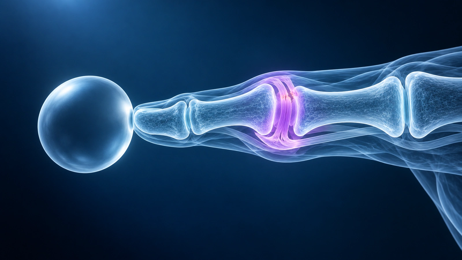 Dedo de vidro atingido na ponta por uma bola, com a força brilhando até a articulação IFP, como em uma lesão por trauma axial do dedo