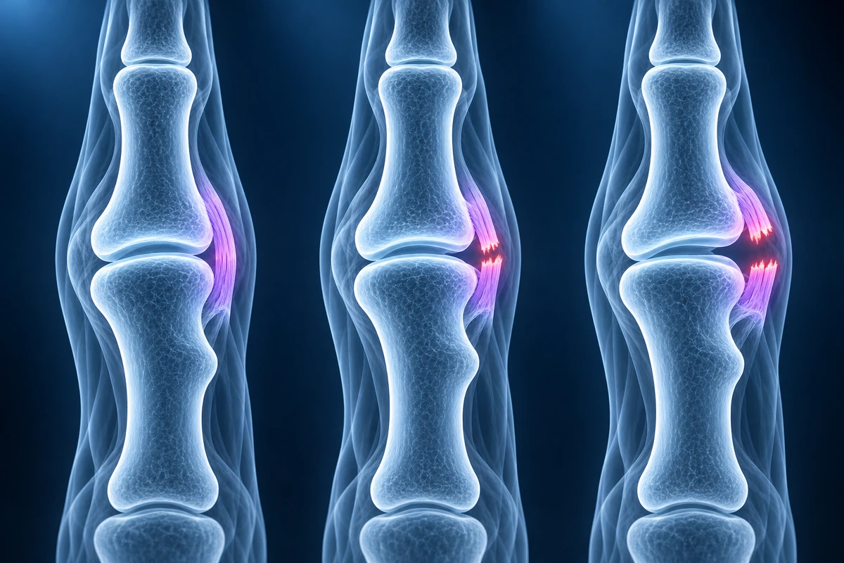 Três articulações de dedo em vidro mostrando os graus 1 a 3 do ligamento colateral, de estirado a ruptura parcial e a ruptura completa