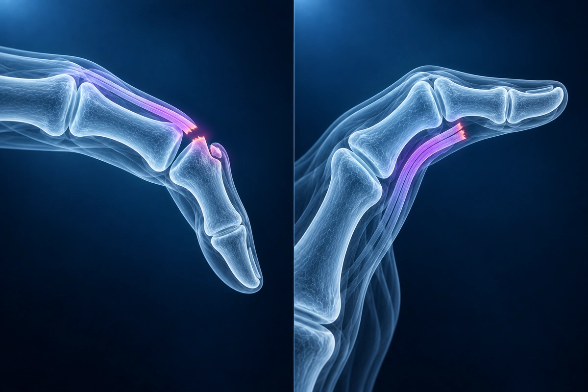 Dois dedos de vidro comparados: dedo em martelo com a ponta caída e extensor rompido, dedo de camisa (jersey finger) com tendão flexor retraído